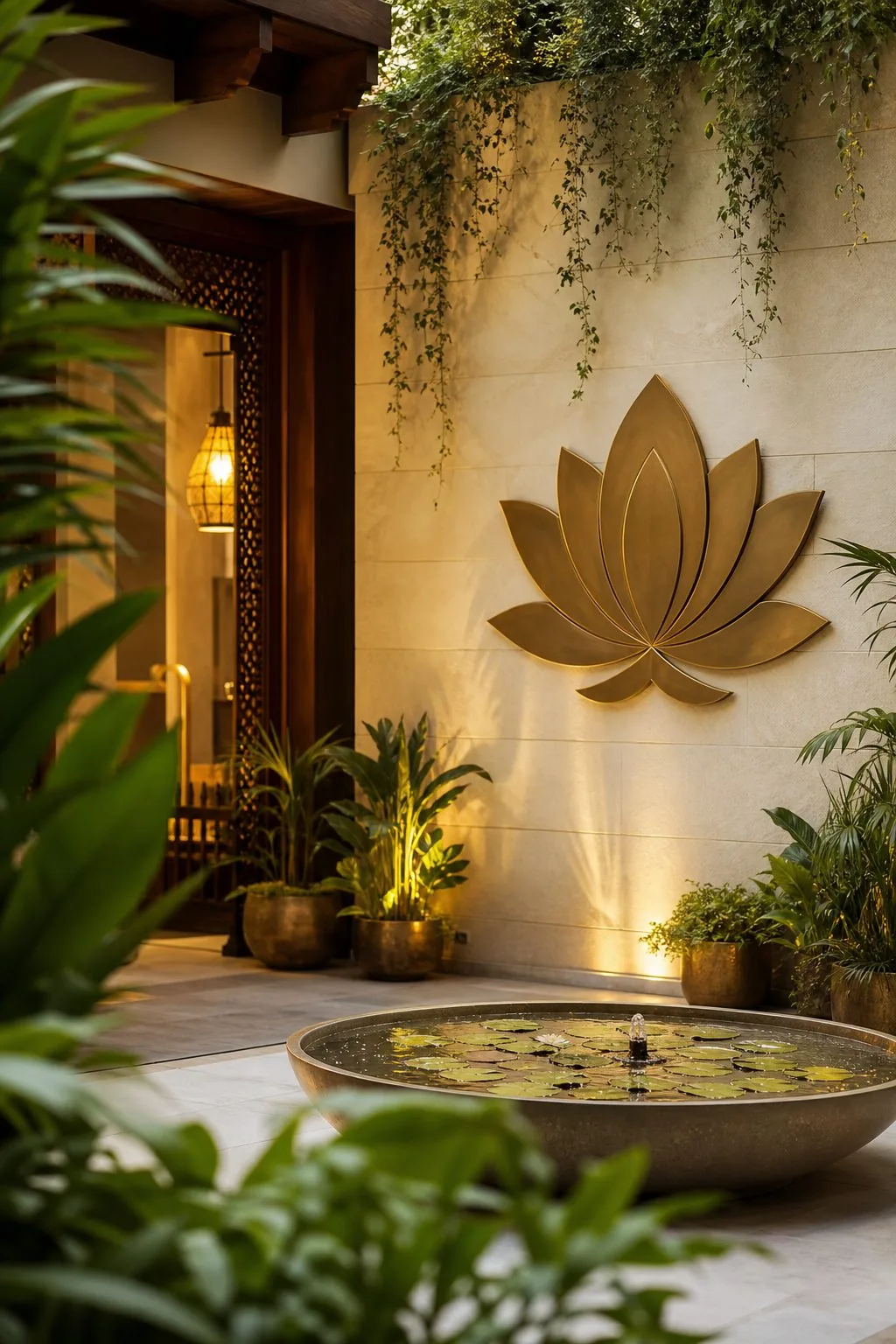 Ayurvedic hospital courtyard with lotus emblem and healing plants