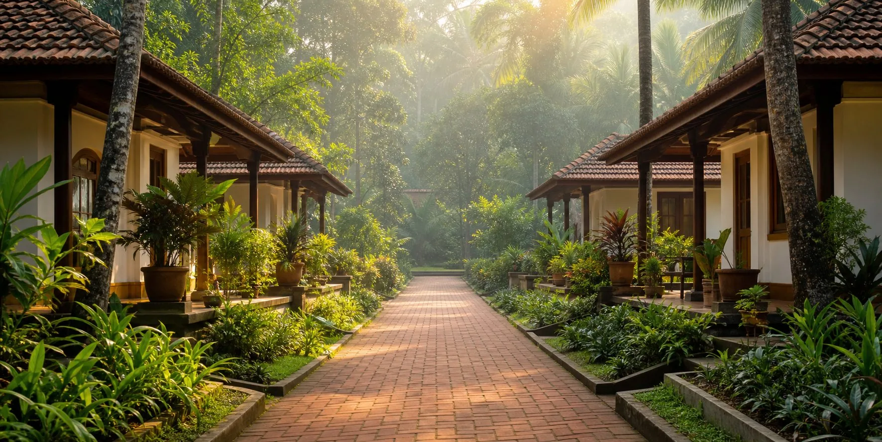 Traditional Kerala Ayurveda Gramam cottages surrounded by greenery