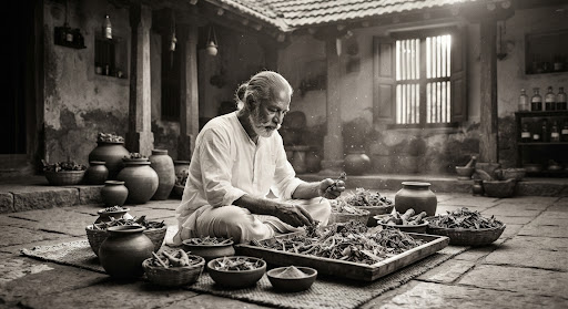 Vintage Ayurvedic master sorting dried herbs in traditional courtyard