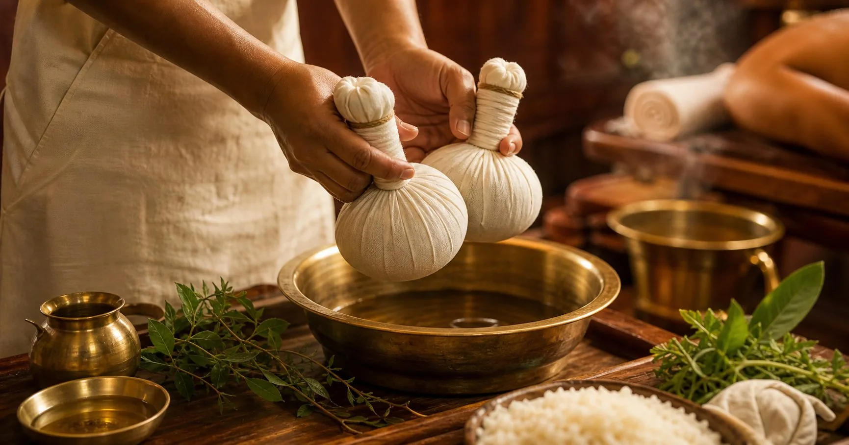 Traditional Ayurvedic herbal pouch massage